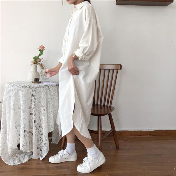 

long autumn sleeve shirt womens dresses casual turn down collar white blue oversize loose maxi cotton streetwear, Black;gray