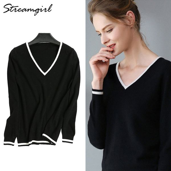 

ladies sweater white winter cashmere pullover women sweaters cashmere knitted striped sweater for women v-neck sweaters 210421, White;black