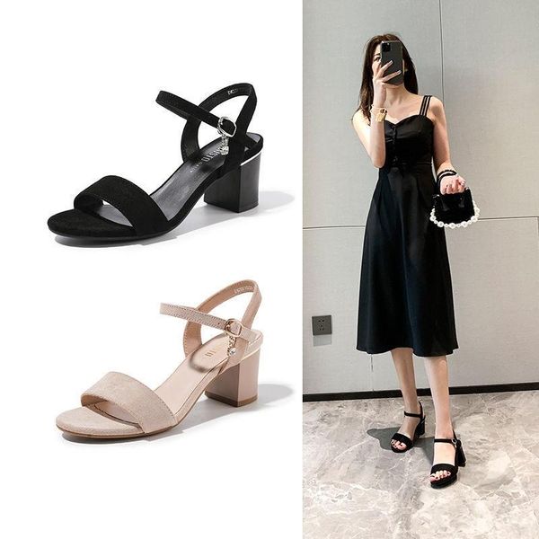 

sandals 2021 women's sandals,summer high heels,ankle buckle strap flock shoes for office lday ,korea style,black,nude,drop