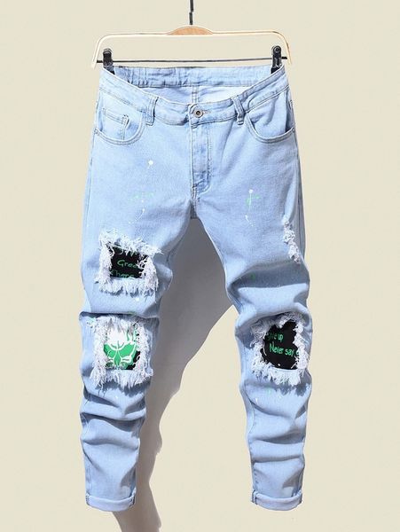 

men slogan graphic contrast panel raw trim jeans s1sc#, Blue