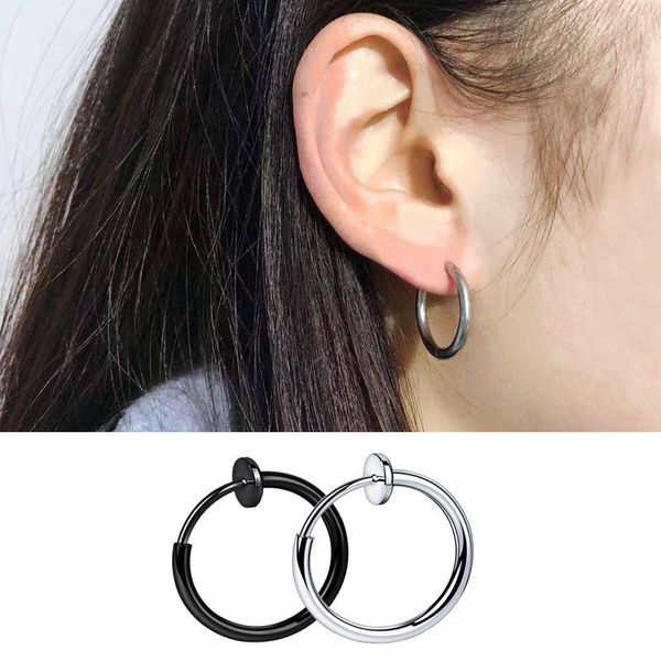 

hoop & huggie no hole clip earring gold black silver color stainless steel round for women men ear simple punk circle, Golden;silver
