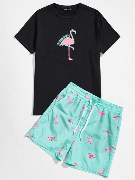 

men letter graphic flamingo & shorts set g5ip#, Gray
