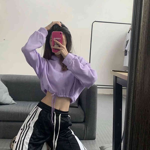 

hoodies sweatshirt hooded long sleeve cropped hoodie elasticated trims fashion casual streetwear women pullover, Black