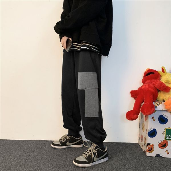 

men casual pants patchwork panelled loose daily trousers male ins chic all-match ulzzang simple korean style trendy streetwear, Black