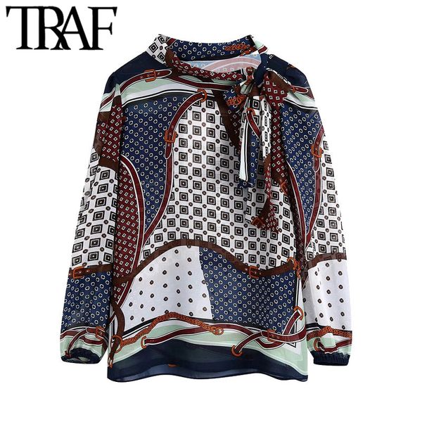 

traf women fashion with bow chains print loose blouses vintage high neck long sleeve female shirts blusas chic 210415, White