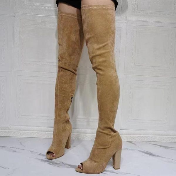 

boots women's round peep toe breathable over knee high lady's long thigh heel suede big size 47, Black