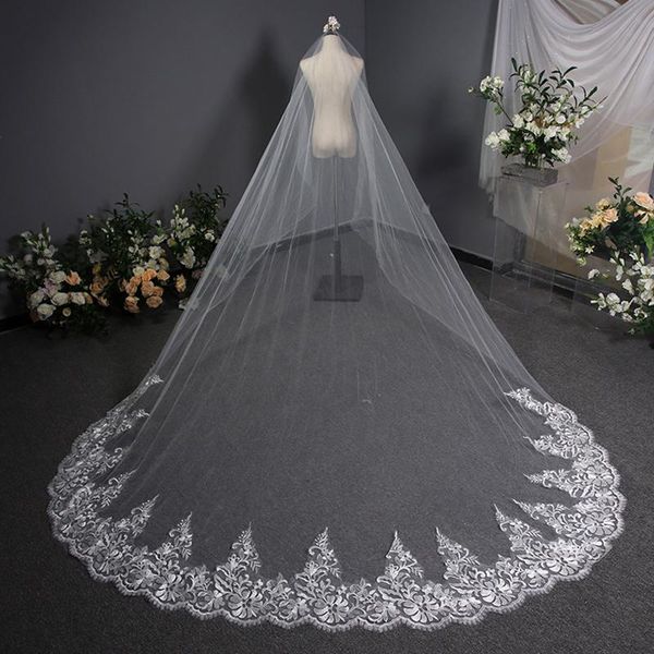 

bridal veils real pos 3.8m wedding with lace edge applique long accessories one layer headwear velos de novia, Black