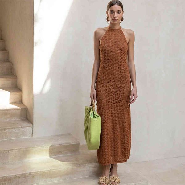 

sleeveless halter dress women summer backless maxi knitted see through beachwear holiday long split es 210420, White;black