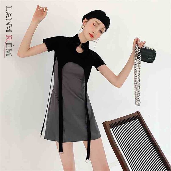 

women's black two-piece dress stand collar short sleeve loose fit temperament fashion sweet summer 2e1231 210526, Black;gray