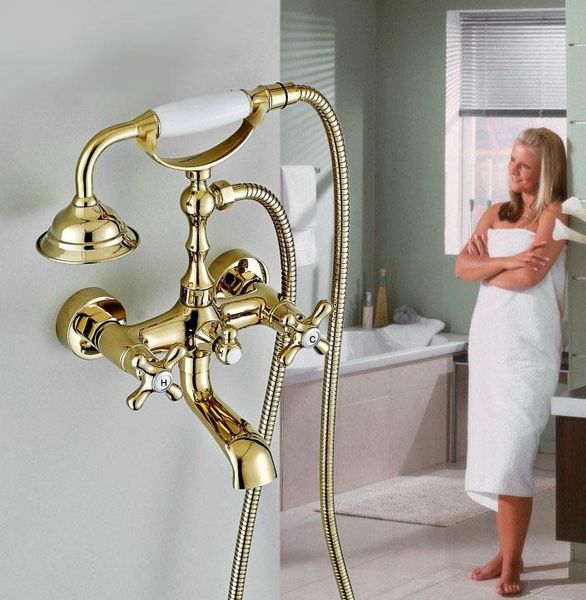 

gold polished brass two levers wall mounted clawfoot bath tub faucet mixer tap telephone style hand held shower head set atf134 bathroom set