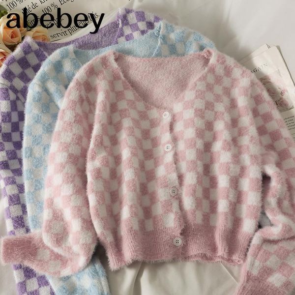 

women's knits & tees fashion v-neck long sleeved knitted cardigan color matching plaid single breasted loose short sweater 2021 spring, White