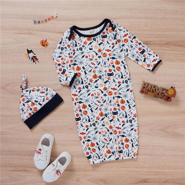 

clothing sets 2pcs 0-6months born baby boys girls halloween printed clothes sets,infant long sleeve round neck sleeping sack + knotted cap, White
