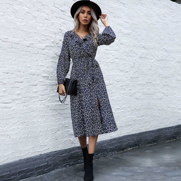 

spring casual and dresses autumn printed v-neck pullover high waist slim drs for women, Black;gray