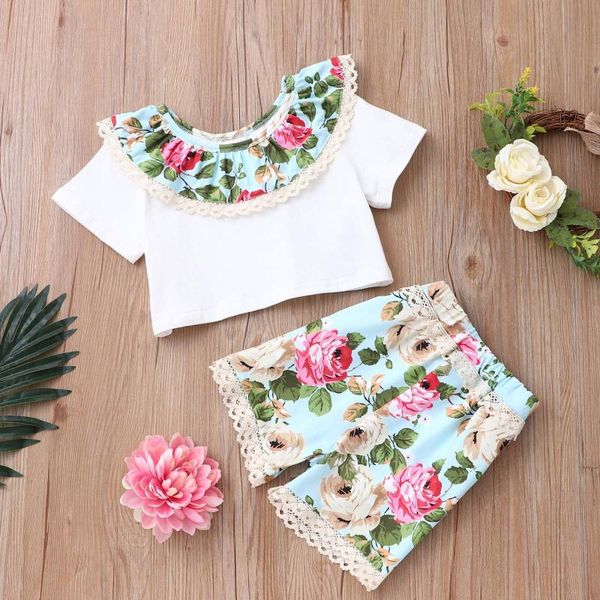 

clothing sets baby girls outfits 2021 toddler kid girl summer small floral short-sleeved shorts clothes suit 1-6y roupa infantil, White