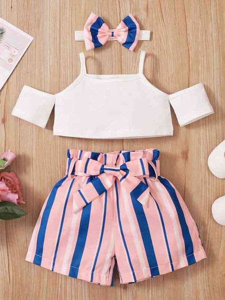 

baby girl cold shoulder & stripe belted shorts & headband she, Blue