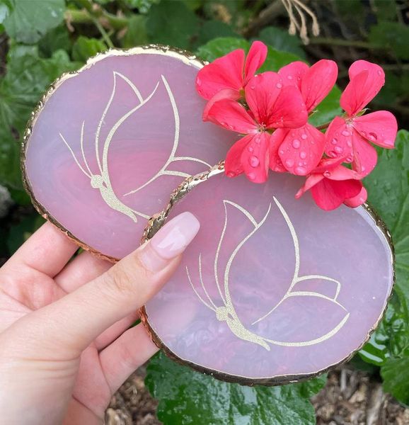 

mats & pads personalized company logo drink resin coasters gold rim jewelry plate slice wedding name place cards housewarming gift