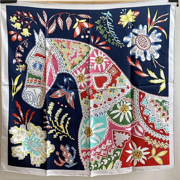 

scarves 2021 luxury 100% twill silk scarf women fashion boho tribal style flower & horse print shawl hijab wraps 35"*35", Blue;gray