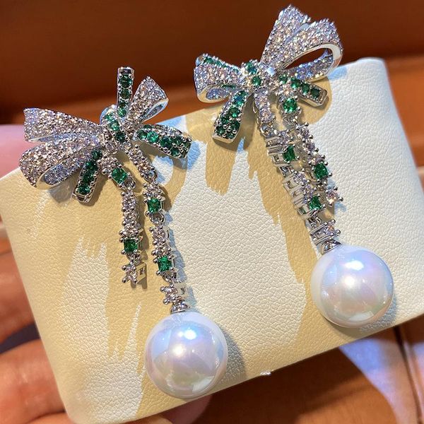 

dangle & chandelier luxury crystal bowknot drop earrings elegant pearl for women wedding party vintage blue zircon jewelry, Silver