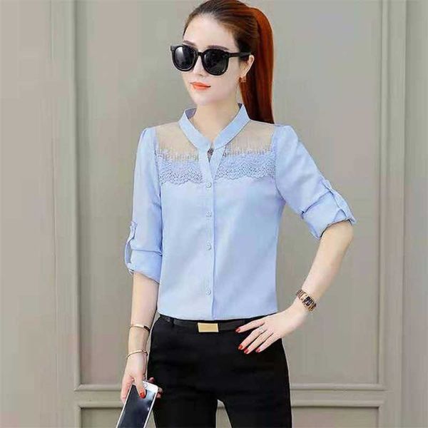 

fashion women's spring summer style blouses shirt long sleeve solid v-neck patchwork hollow out df3445 210609, White