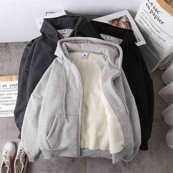 

jacket women solid color hoodies autumn winter imitation lamb wool korean loose plus velvet thick zipper sweatshirt 210805, Black