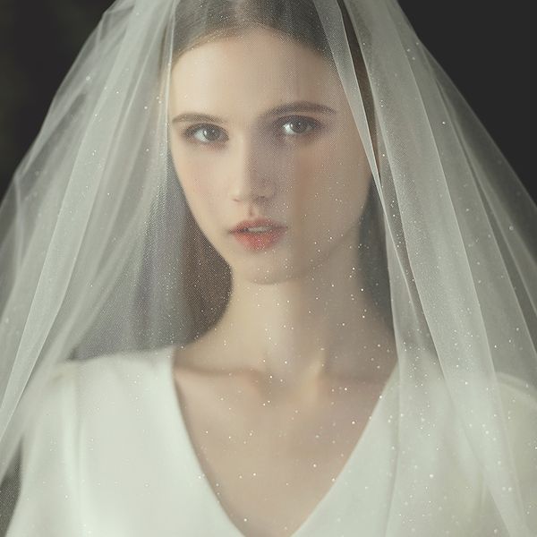 

v725 delicate shoulder length marriage bridal veil two-layer soft tulle cut edge shiny sequines white short wedding bride veil, Black