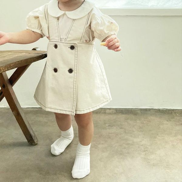 

korean girls summer denim vest girl dress college princess kids clothes, Red;yellow