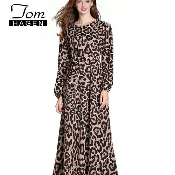 

casual dresses women leopard print ankle length dress vintage long sleeve party ladies office elegant o-neck, Black;gray
