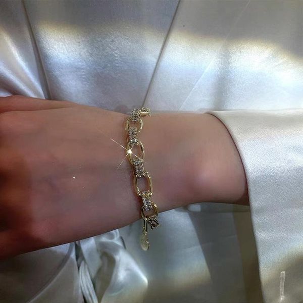 

charm bracelets origin summer exquisite chunky chain link gold color cubic zircon metallic bracelet for women hollow out party, Golden;silver