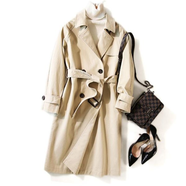 

women's trench coats japanese style women casual solid color double breasted outwear fashion sashes chic long coat, Tan;black
