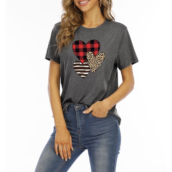 

2021 spring and summer new women's plaid leopard love print round neck short sleeve t-shirt for women, White