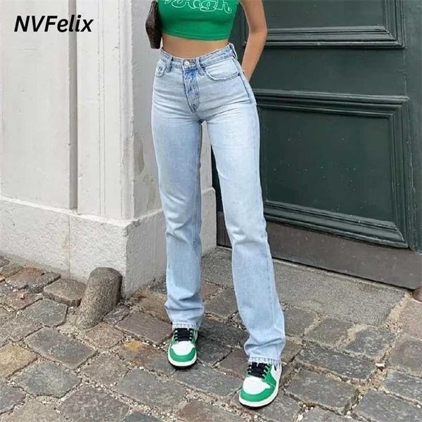 

classic straight leg jeans for women loose high waist femme trousers fashion casual blue wash cotton denim mom baggy 220209