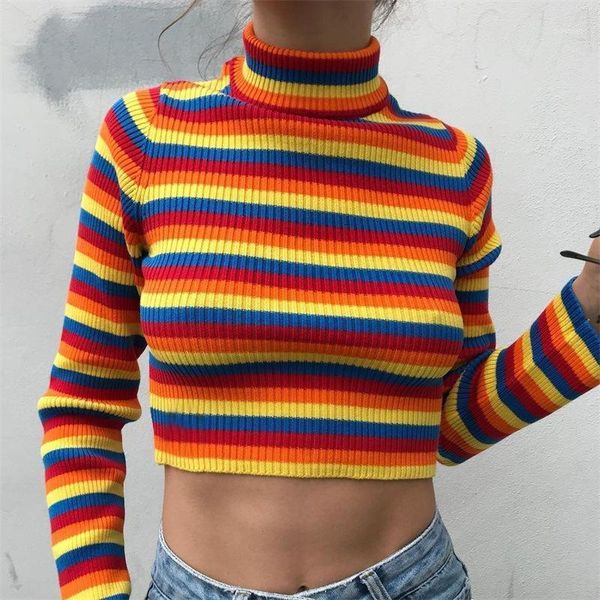 

turtleneck fashion rainbow sweaters knitted pullovers women 2021 winter sweater loose pullover jumpers female women's, White;black