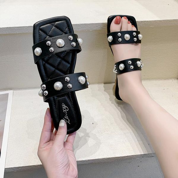 

sandals summer slippers women casual shoes fashion pearl luxury design rome beach flip flop slip on slides brand, Black