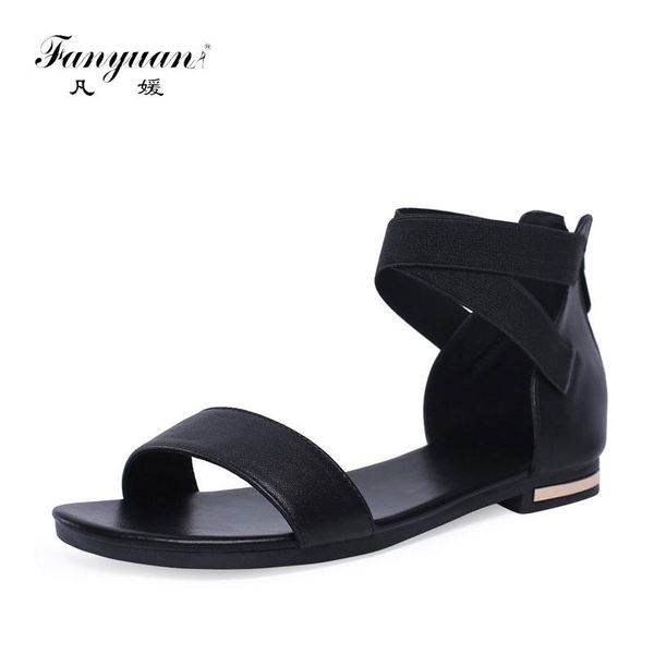 

women summer sandals size 31-46 cow genuine leather zip flat rubber sole elastic band women's shoes, Black