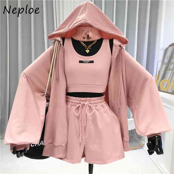 

casual all-match suit women's letter vest + drawstring shorts hooded zipper jacket fashion three-piece set 210422, White