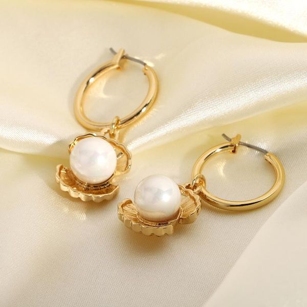 

hoop & huggie elegant shell pearl pendant earrings for women girls trendy summer jewelry accessories, Golden;silver