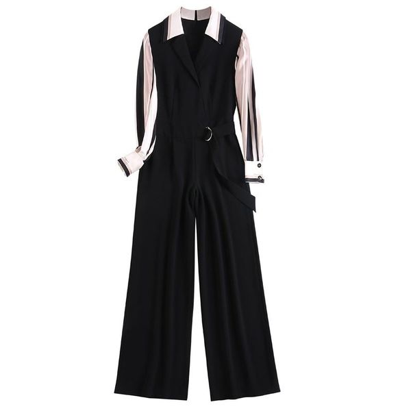 

women's jumpsuits & rompers 2021 summer striped patchwork wide leg women chiffon fashion elegant casual turn down collar ol romper sash, Black;white