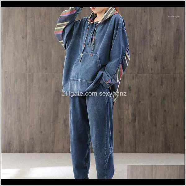 

tracksuits womens clothing apparel drop delivery 2021 [ewq] pattern hooded collar long sleeve denim patchwork striped vintage two piece set, Gray