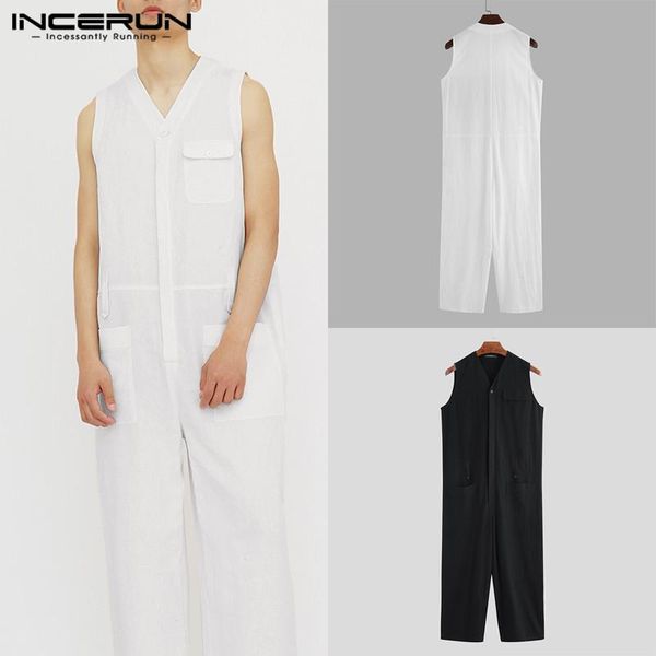 

men's pants incerun 2021 men cargo overalls sleeveless jumpsuit cotton multi pockets solid color v neck rompers streetwear s-5xl, Black