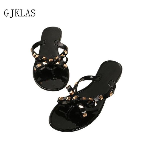 

slippers bow ladies shoes summer flip flops beach for women fashion casuales rivet outdoor flat sandals flop, Black