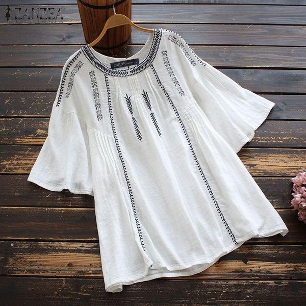 

women's blouses & shirts plus size casual cotton linen short sleeve blusas women embroidery loose o neck tunic vintage half chemise, White