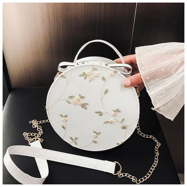 

evening bags sweet lace round handbags pu leather women crossbody female small fresh flower chain shoulder hand