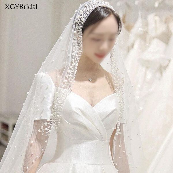 

bridal veils romantic trailing cathedral wedding veil one-layer pearl beading luxury long headpiece veu de noiva, Black