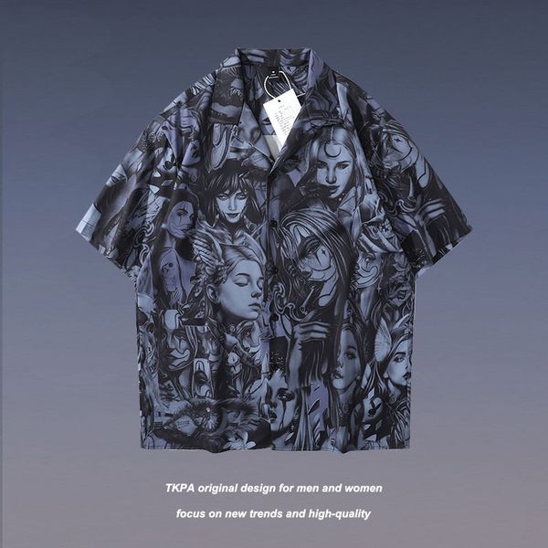 

tkpa trendy hip hop dark black portrait print short sleeve shirt men's and women's street loose oversie shirt, White;black
