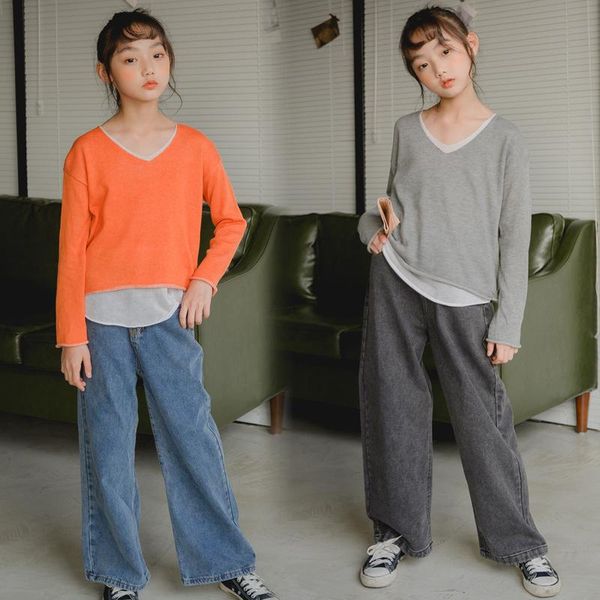 

jeans blue gray high waist pants teenage girls wide leg denim trousers clothing 2021 autumn loose kids bottom clothes