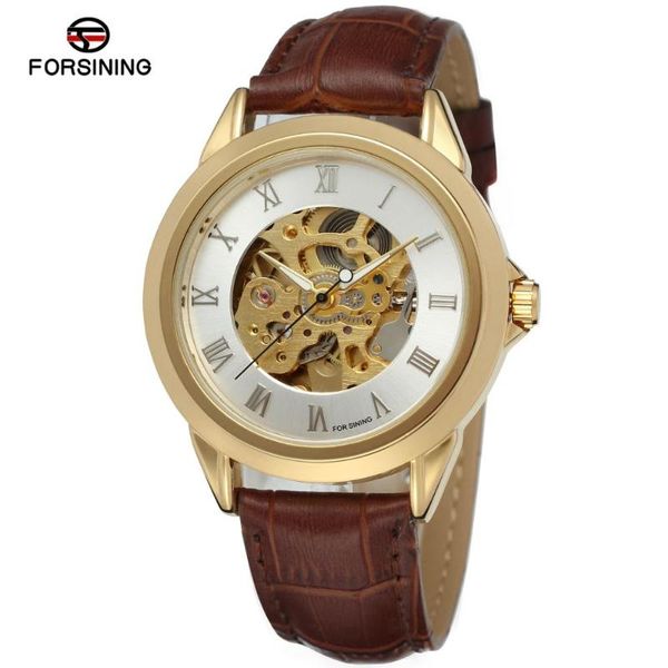 

wristwatches forsining minimalist style golden openwork watch men's watches mechanical skeleton wristwatch brown genuine leather clock, Slivery;brown
