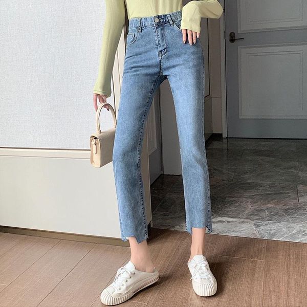 

women's jeans women high waist wild hong kong style irregular leg letters straight flared pants, Blue