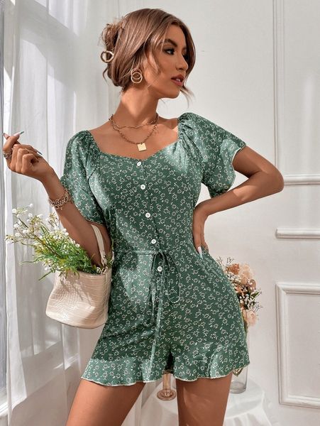 

floral sweetheart neck flounce sleeve belted romper v7vt#, White