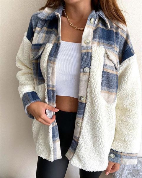 

hgv22021 women coat plaid print single breasted long sleeve autumn warm casual label stitching pocket jacket button clothing, Black;white