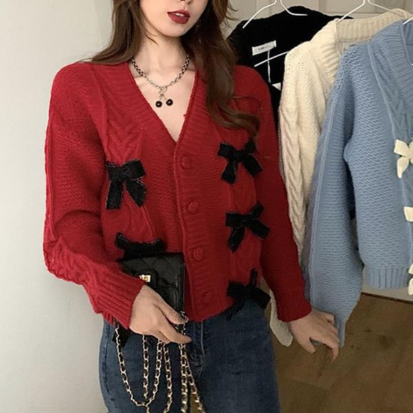 

women's knits & tees korean version of red winter v-neck bow twist single-breasted ladies short solid color knitted cardigan sweater co, White